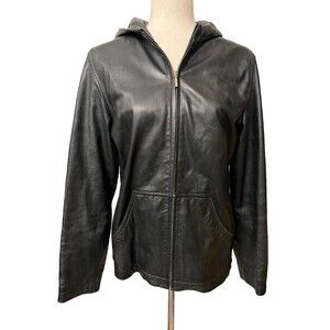 Vtg Jacqueline Ferrar Women's M Genuine Lambskin Leather Jacket Hooded Black Zip
